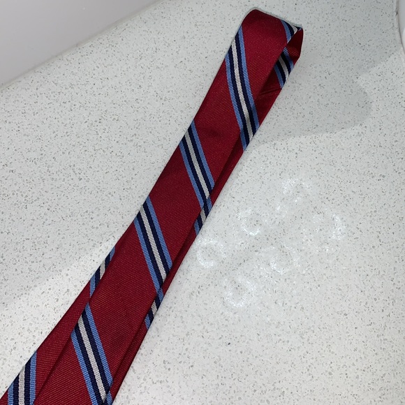 EUC Brothers, 100% silk necktie in red w/ light, light blue, black, white stripe - Picture 6 of 9